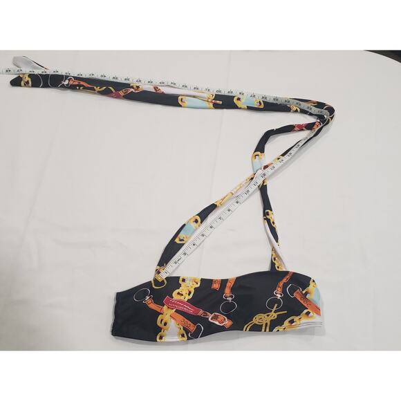 Black Colorful Western Buckle & Gold Chain Swimsuit Bikini Top w Neck Tie Around - Picture 5 of 6